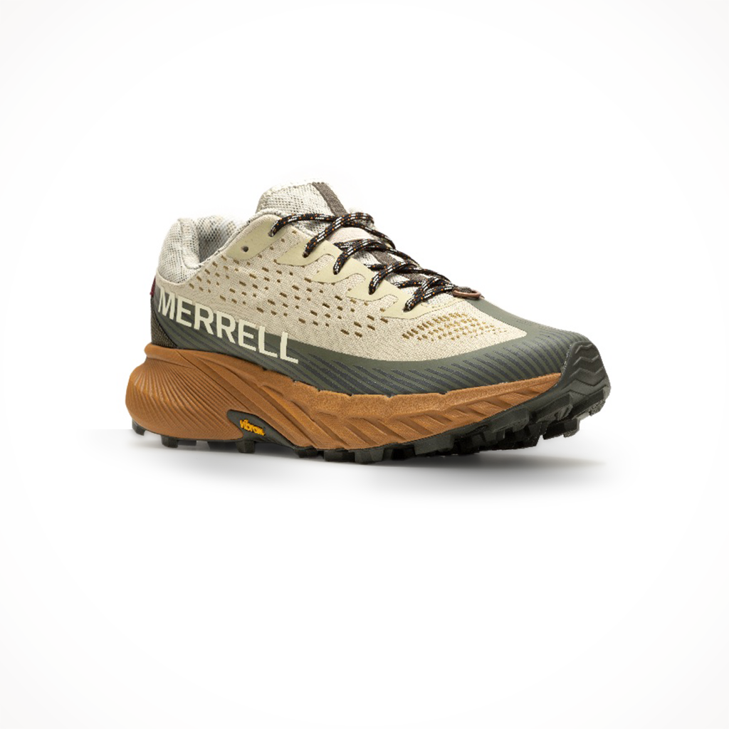 Merrell men's Agility Peak 5 trail running shoe in oyster olive, shown from a three-quarter angled view.