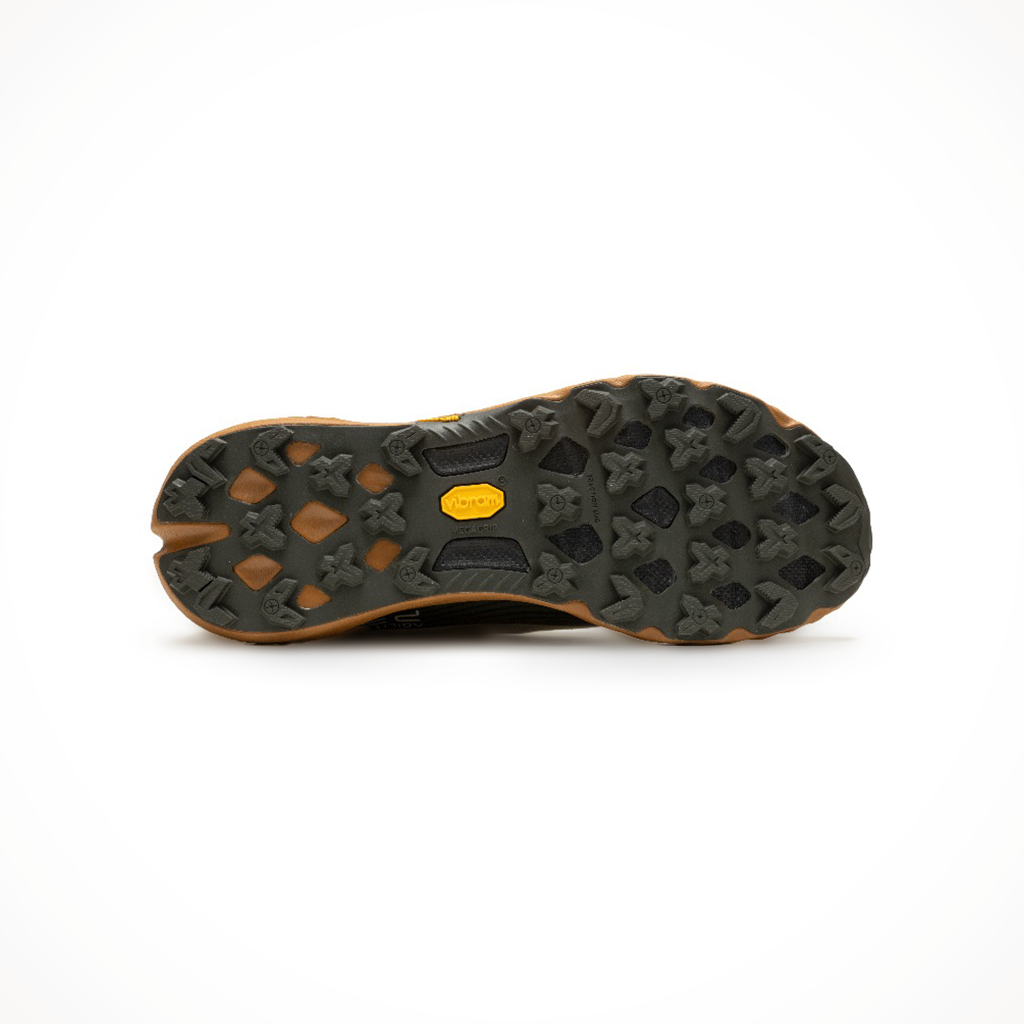 Merrell men's Agility Peak 5 trail running shoe in oyster olive, showing the outsole tread pattern.