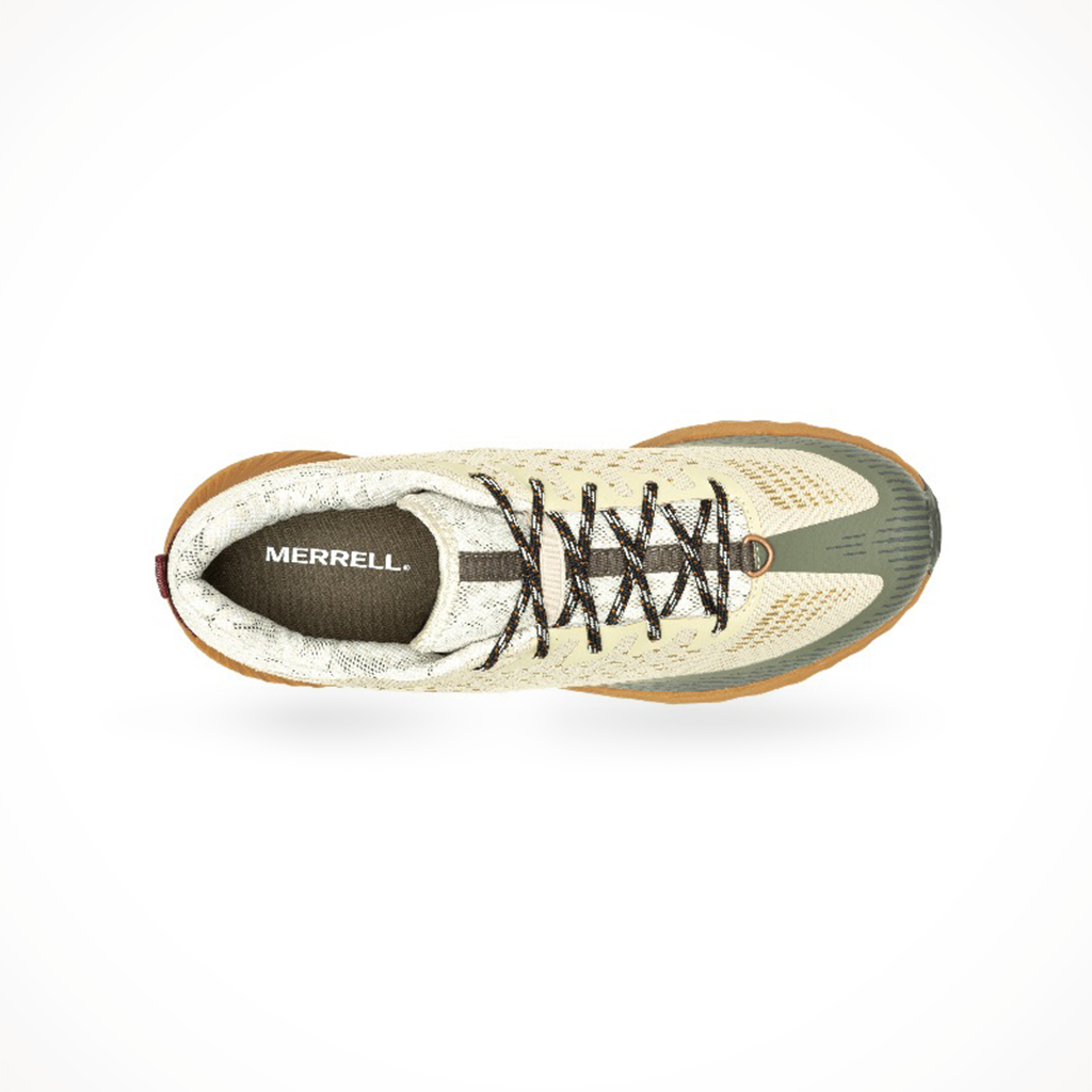 Merrell men's Agility Peak 5 trail running shoe in oyster olive, shown from above.