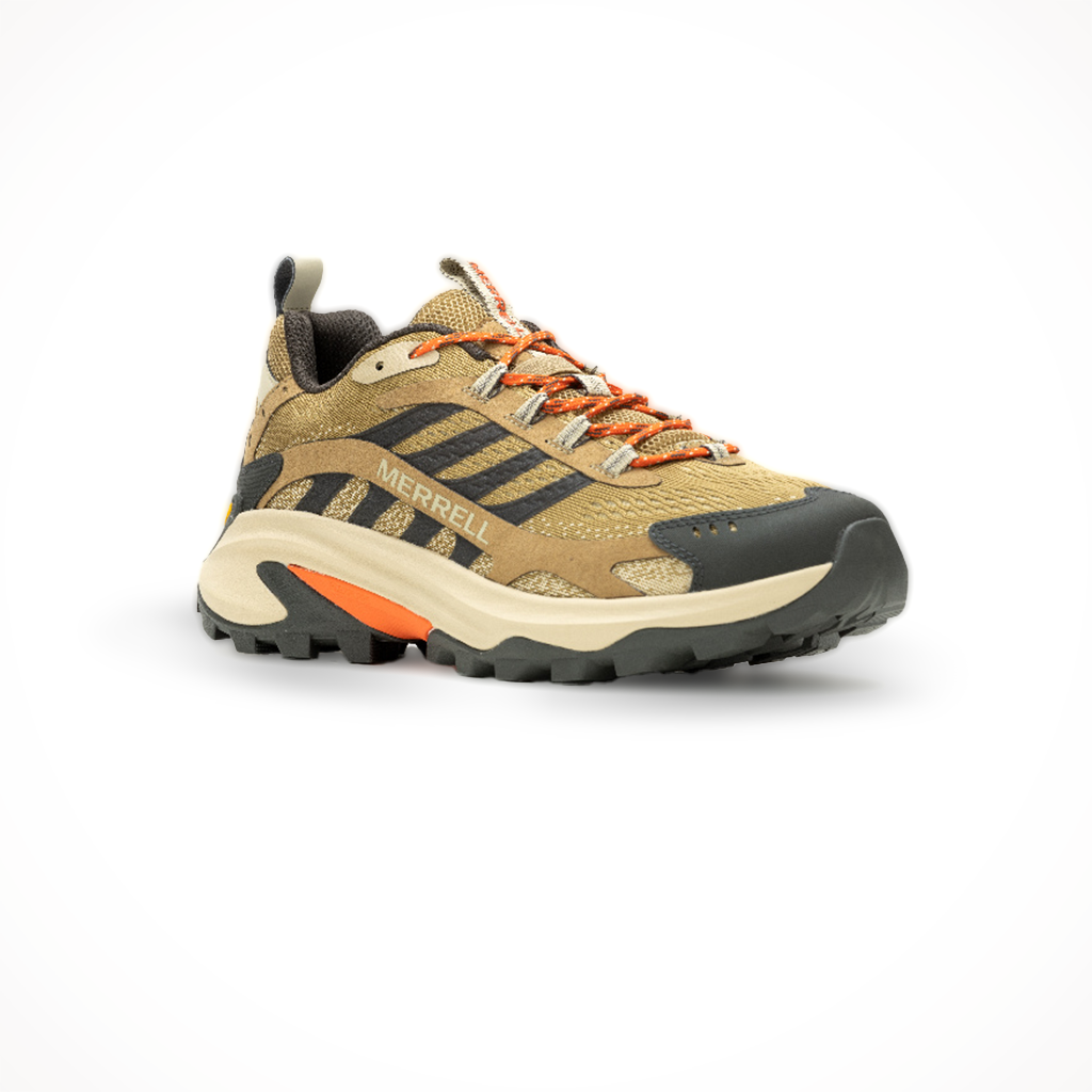 Merrell men's Moab Speed 2 trail running shoe in coyote, shown from a three-quarter angled view.