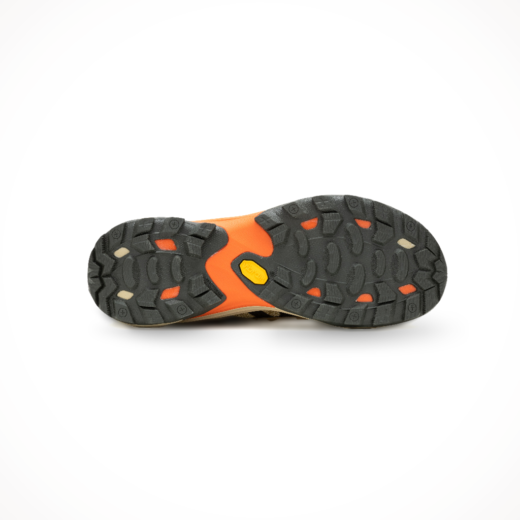 Merrell men's Moab Speed 2 trail running shoe in coyote, showing the outsole tread pattern.