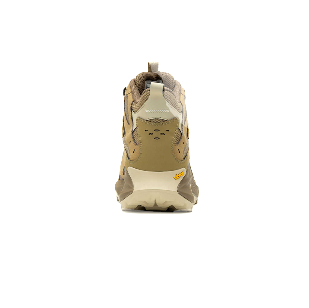 Merrell men's Moab Speed 2 Mid GTX waterproof hiking boot in coyote, shown from the back.