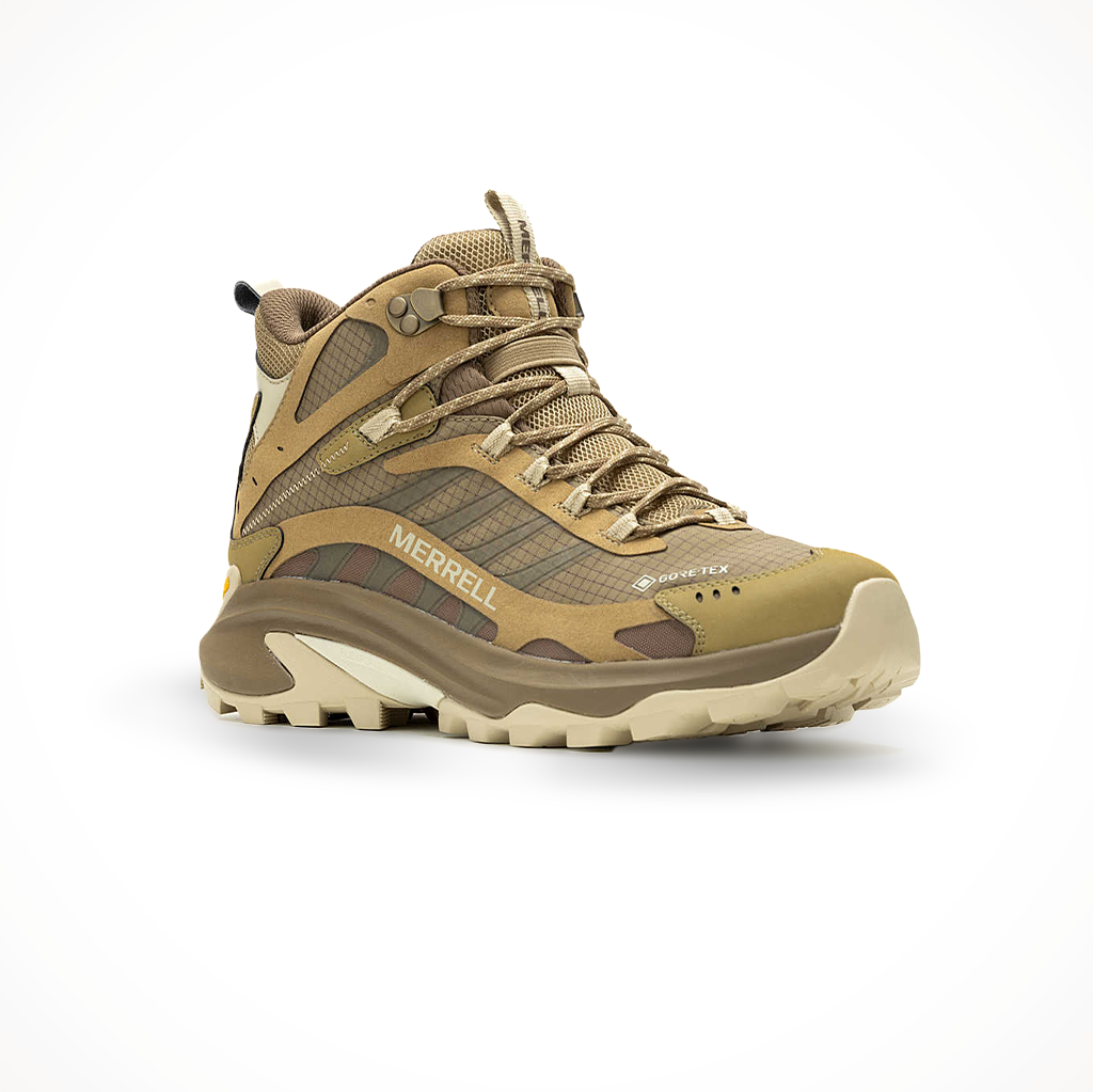 Merrell men's Moab Speed 2 Mid GTX waterproof hiking boot in coyote, shown from a three-quarter angled view.
