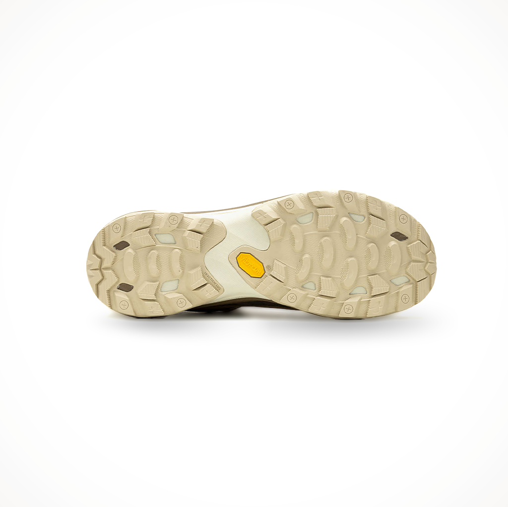 Merrell men's Moab Speed 2 Mid GTX waterproof hiking boot in coyote, showing the outsole tread pattern.