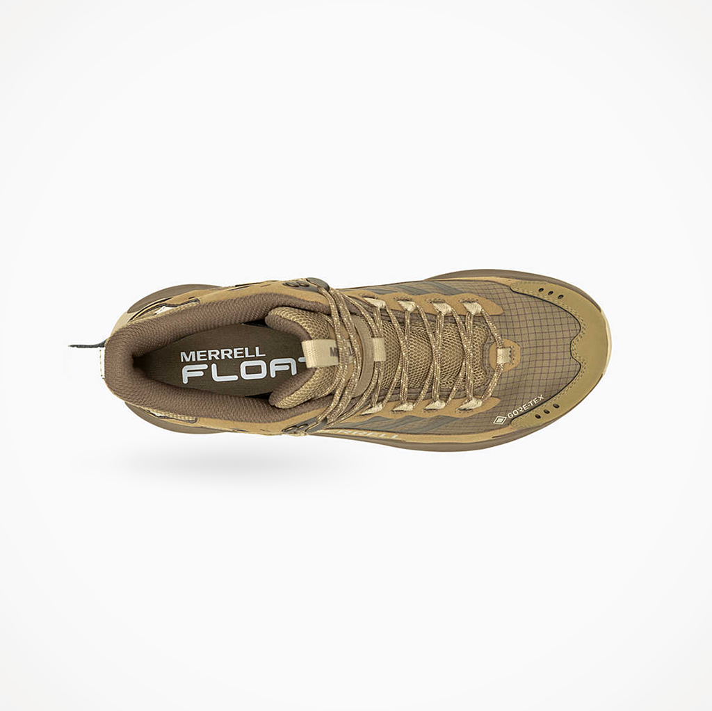 Merrell men's Moab Speed 2 Mid GTX waterproof hiking boot in coyote, shown from above.