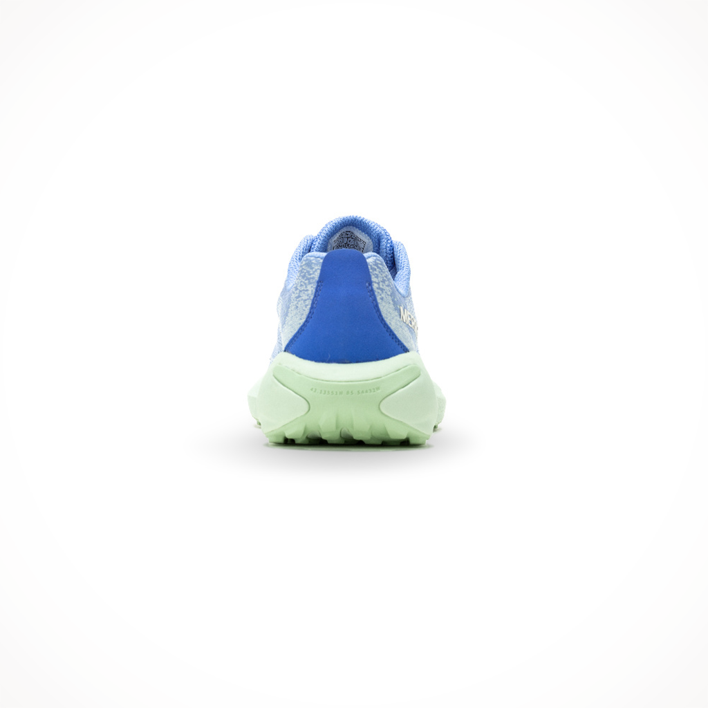 Merrell women's Morphlite trail running shoe in cornflower, shown from the back.