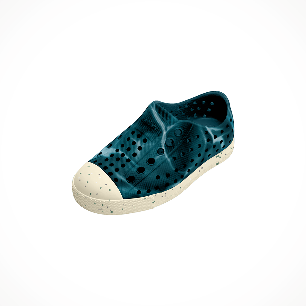 Product image: Native Jefferson Bloom Print Oasis Blue Bone White Kids 2026, shown from a three-quarter angled view.