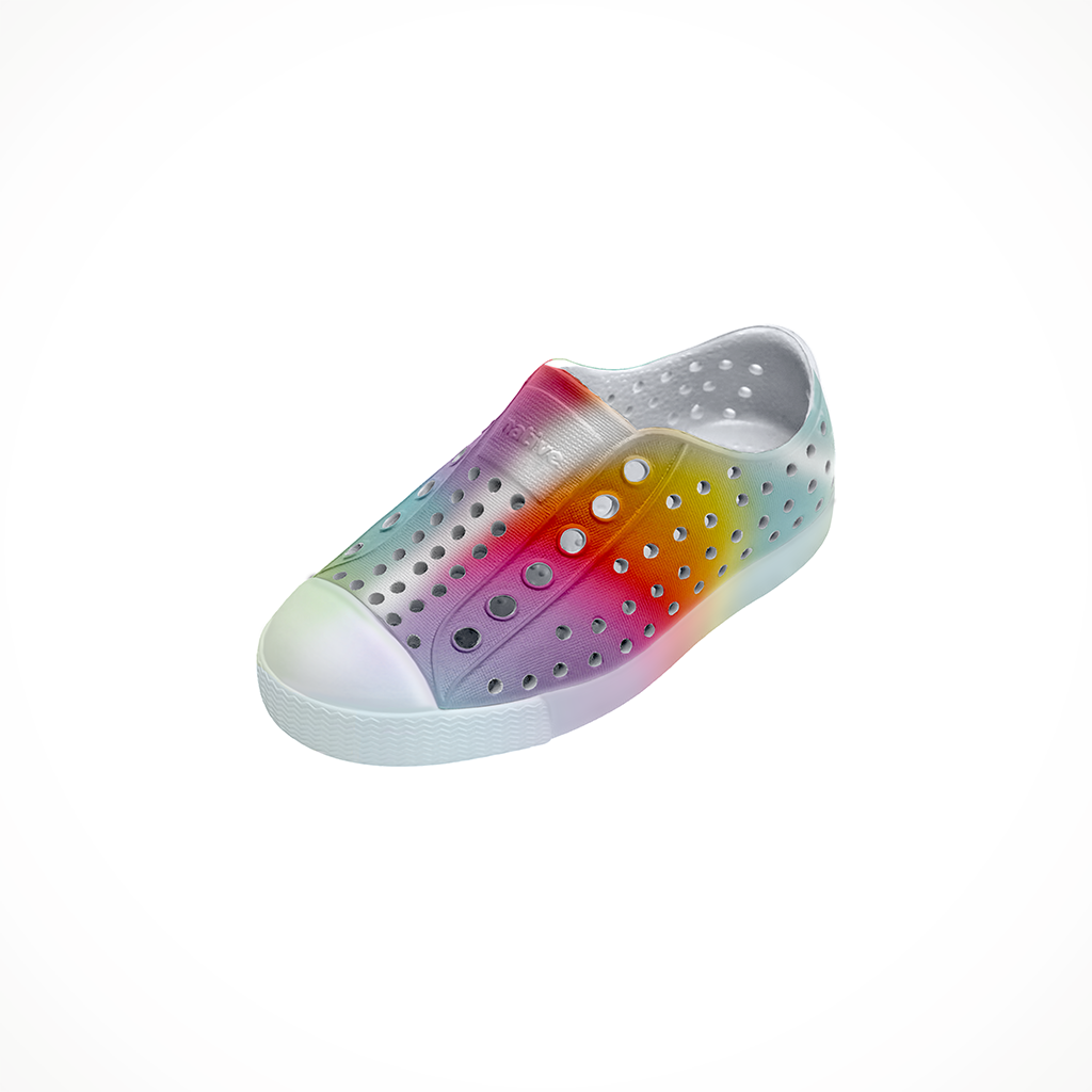 Product image: Native Jefferson Print Shell White Transparent Rainbow Kids 2026, shown from a three-quarter angled view.