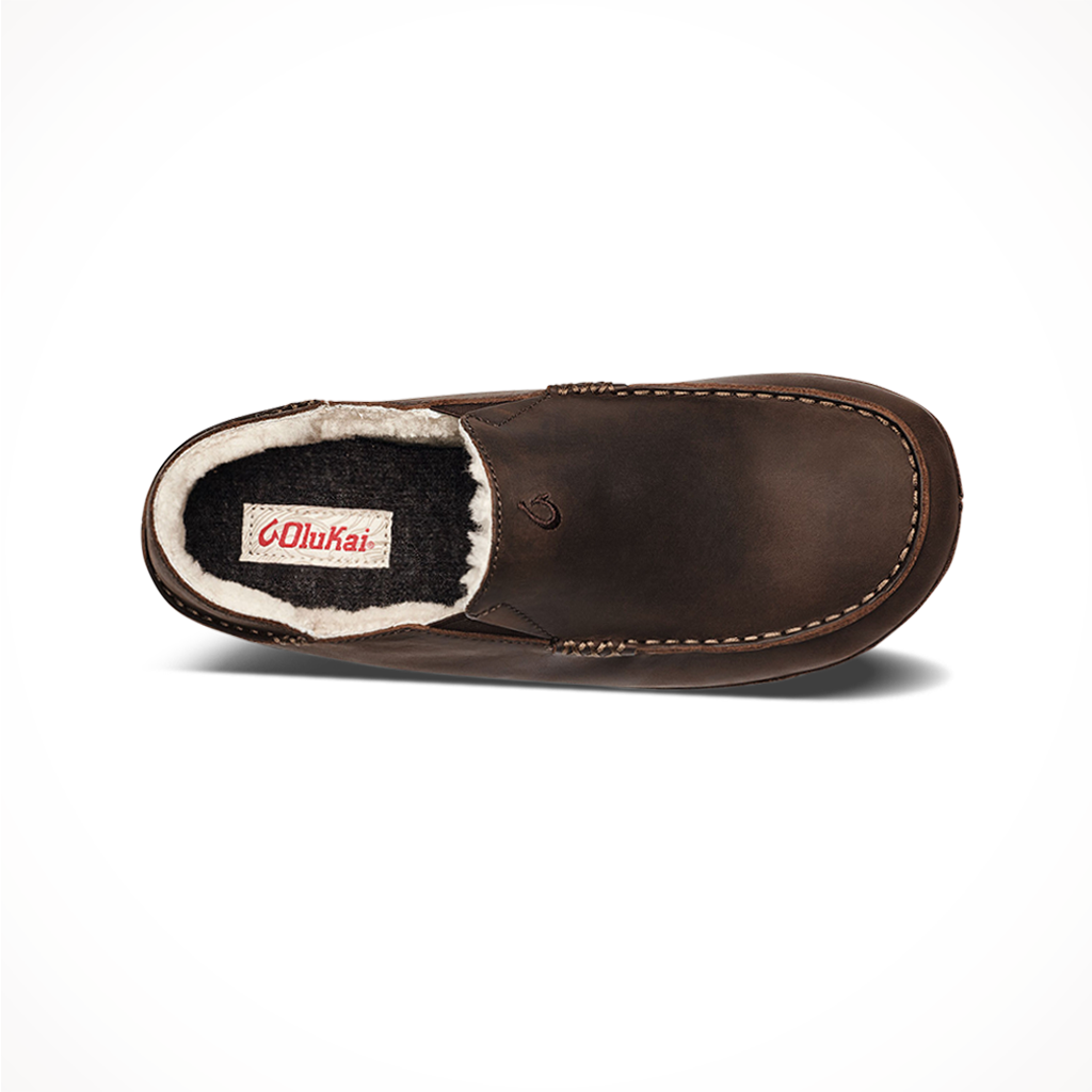 Product image: Olukai Mens Moloa Slipper Dark Wood, shown from above.