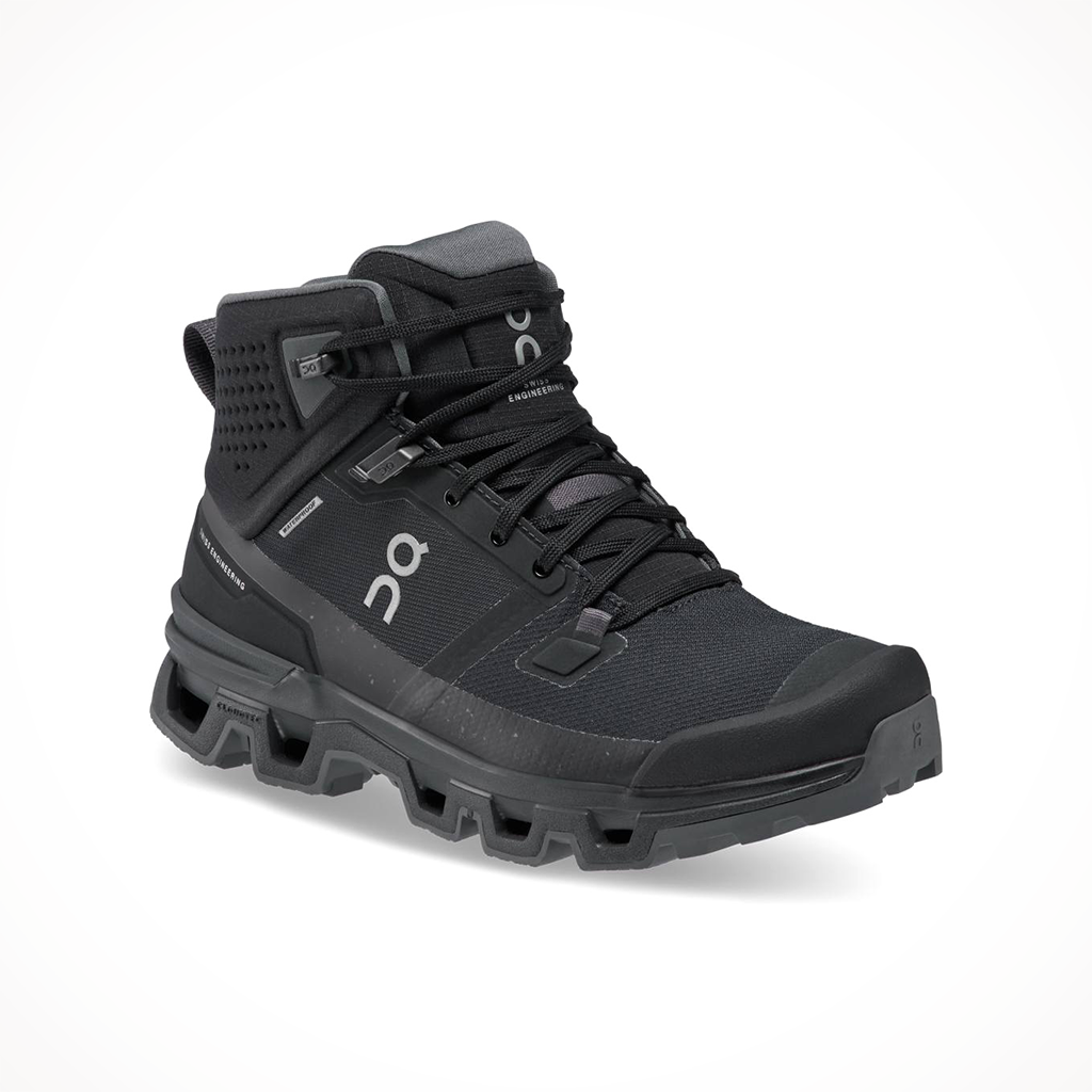 Product image: On Cloudrock 2 waterproof All Black Womens 2024, shown from a three-quarter angled view.