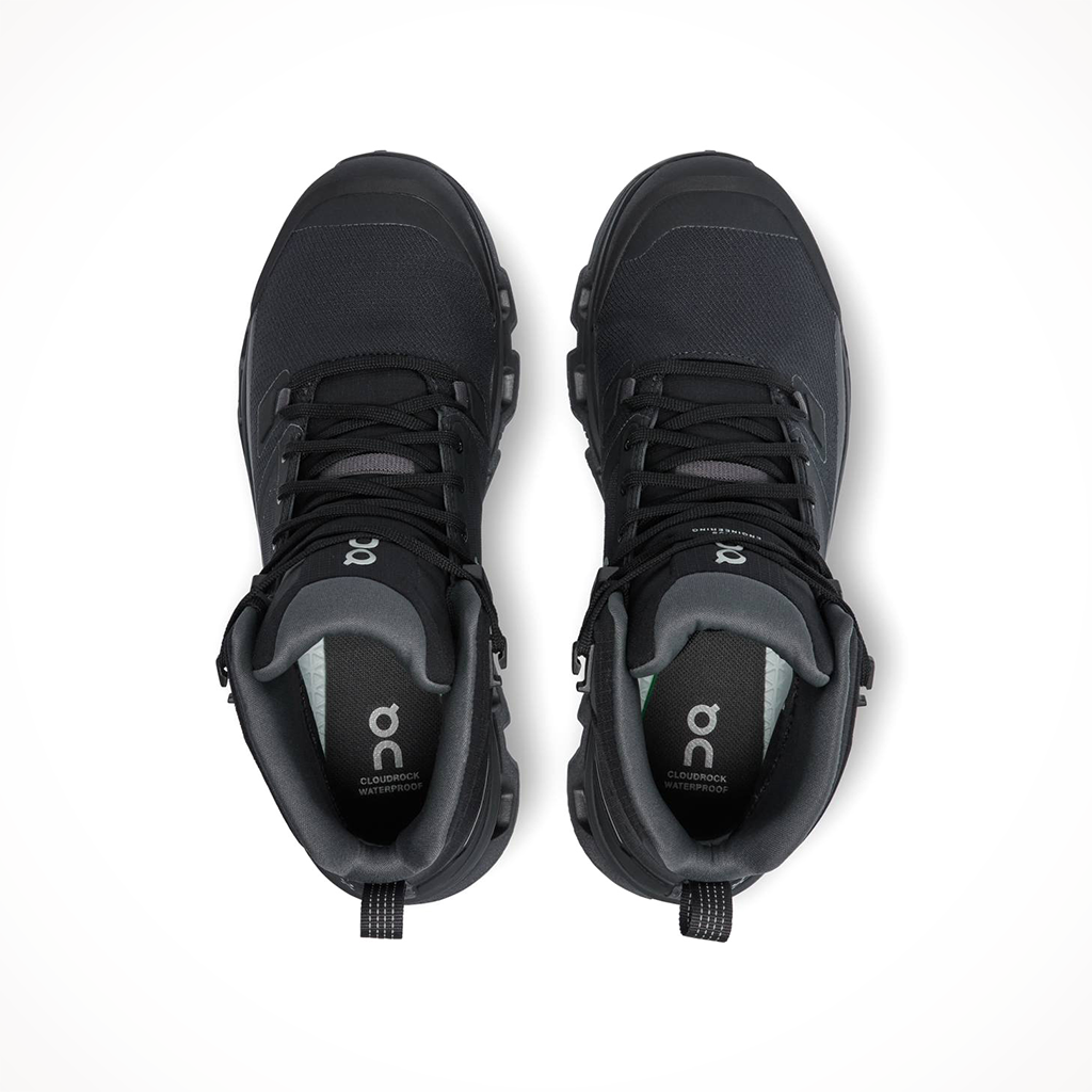 Product image: On Cloudrock 2 waterproof All Black Womens 2024, shown from above.