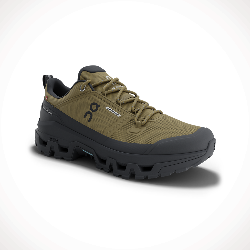 Product image: On Cloudrock Low WP Hunter B Lack Mens 2025, shown from a three-quarter angled view.