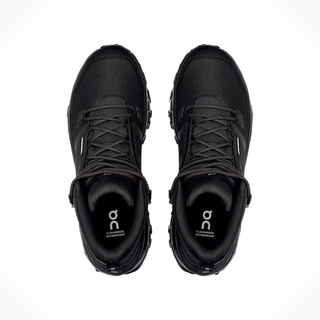 Product image: On Cloudrock Mid WP Black Black Mens 2025, shown from above.