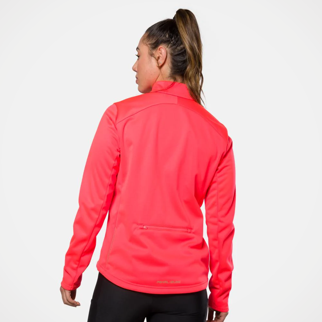 Product image: Pearl Izumi quest amfib Jacket Fiery Coral womens 2026, shown from the back.