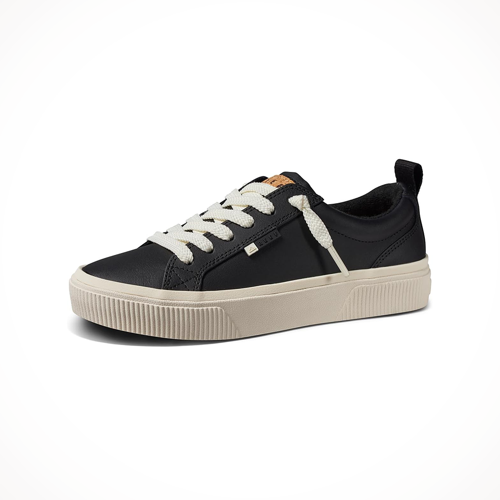 Product image: Reef Lay Day Down Black L Eather Womens 2024, shown from the left side profile.