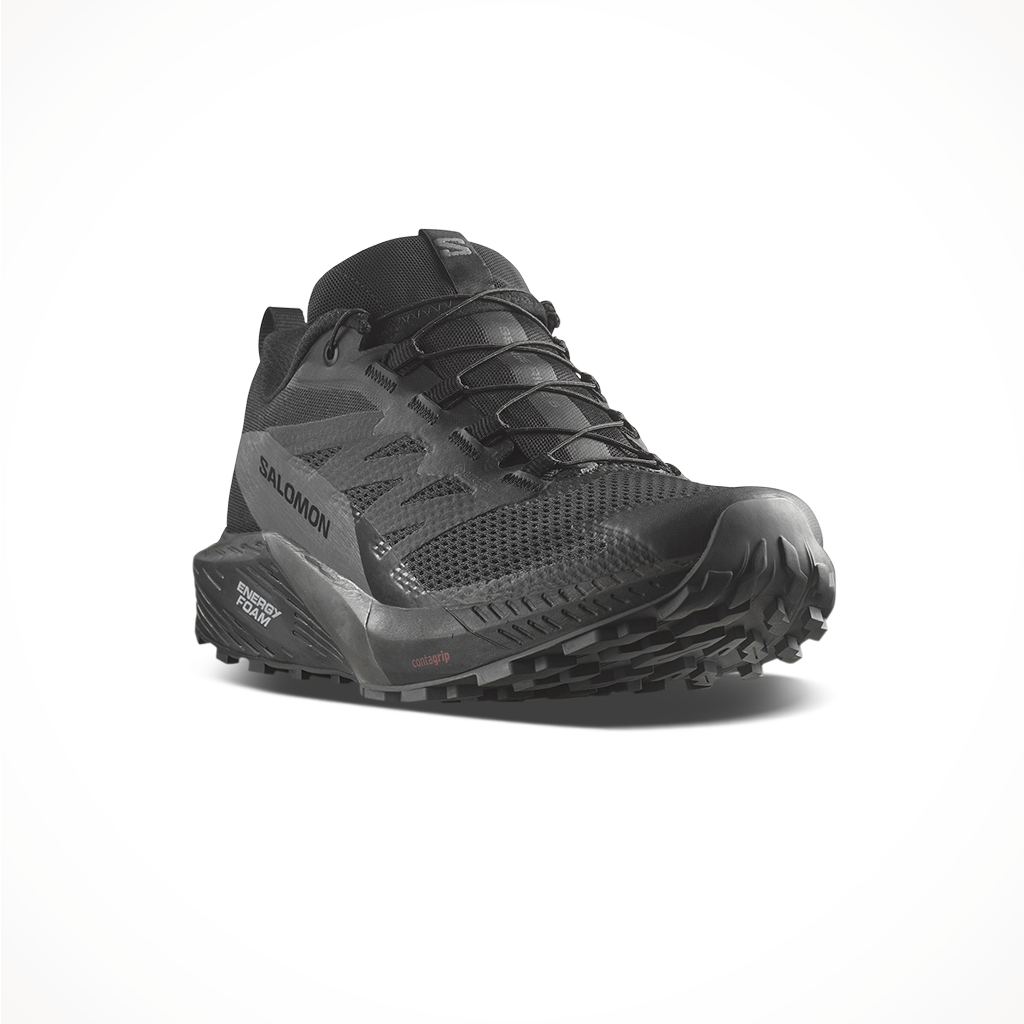Product image: Salomon Mens Sense Ride 5 GTX Black Magnet Black, shown from a three-quarter angled view.