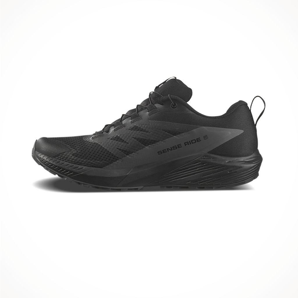 Product image: Salomon Mens Sense Ride 5 GTX Black Magnet Black, side profile view.