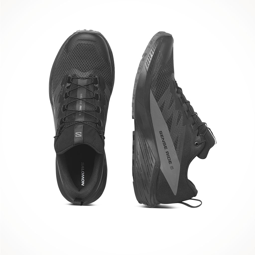 Product image: Salomon Mens Sense Ride 5 GTX Black Magnet Black, shown from above.