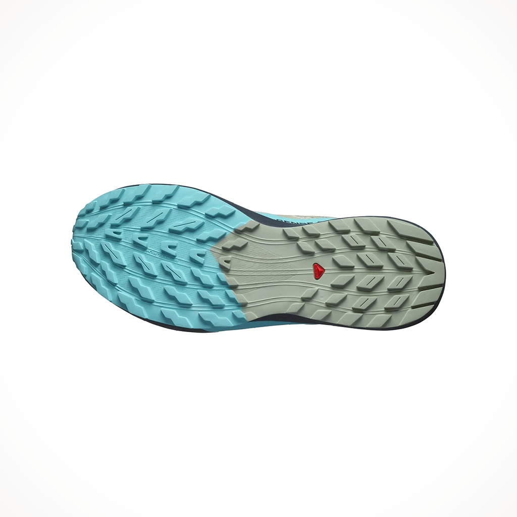 Product image: Salomon Sense Ride 5 Alfalfa Carbon Peacock Blue Mens 2024, showing the bottom view.