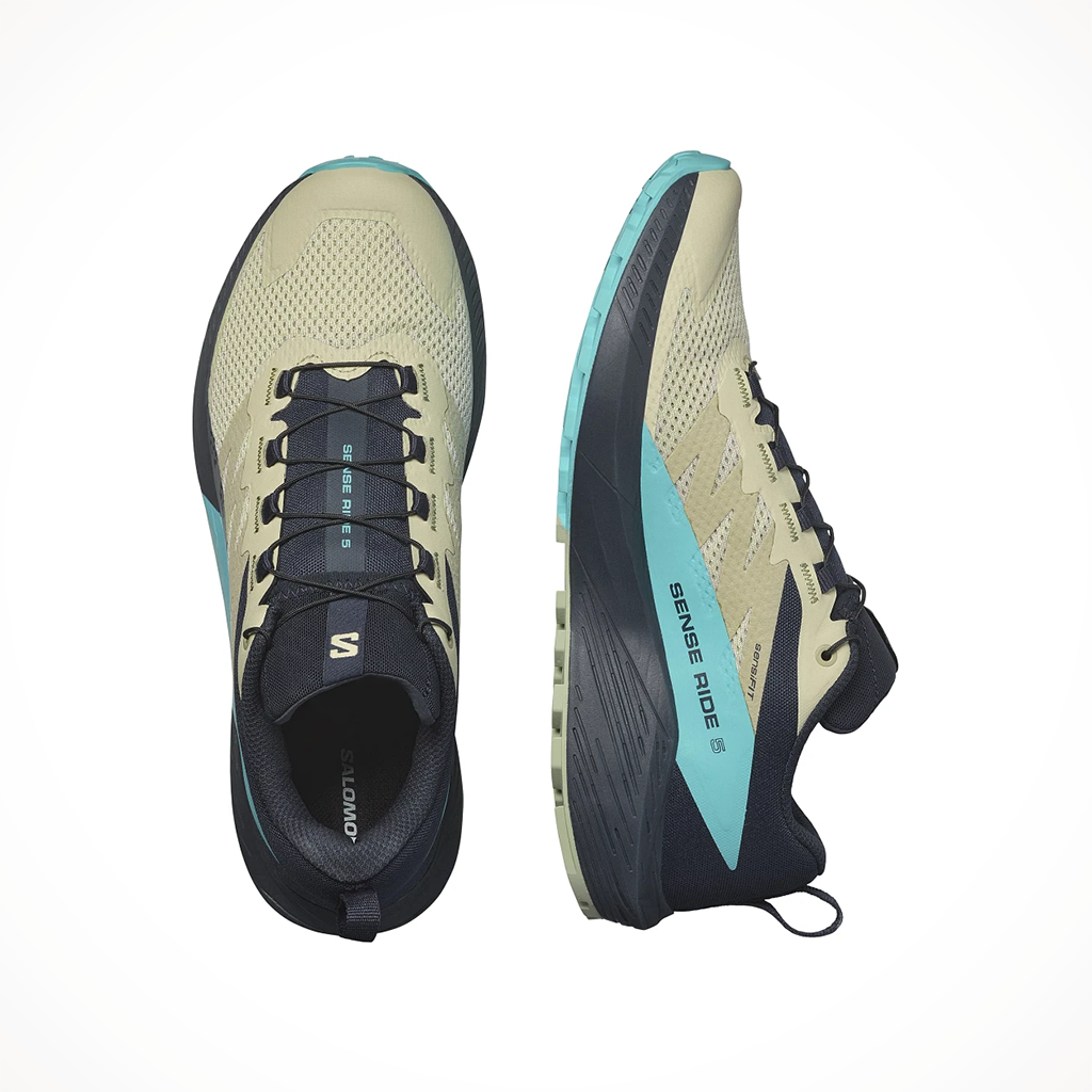 Product image: Salomon Sense Ride 5 Alfalfa Carbon Peacock Blue Mens 2024, shown as a pair.