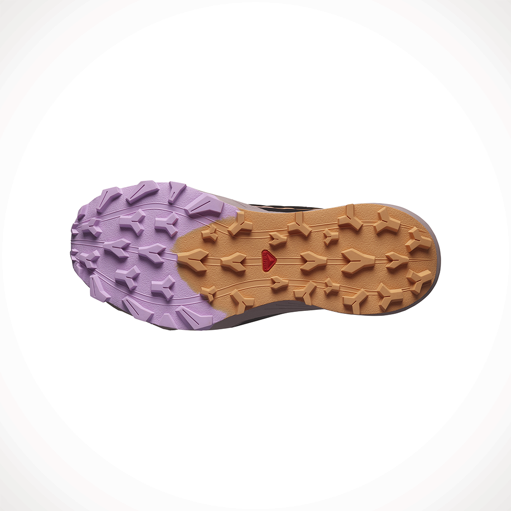 Product image: Salomon Thundercross Nocturne Black Papaya Womens 2025, showing the bottom view.