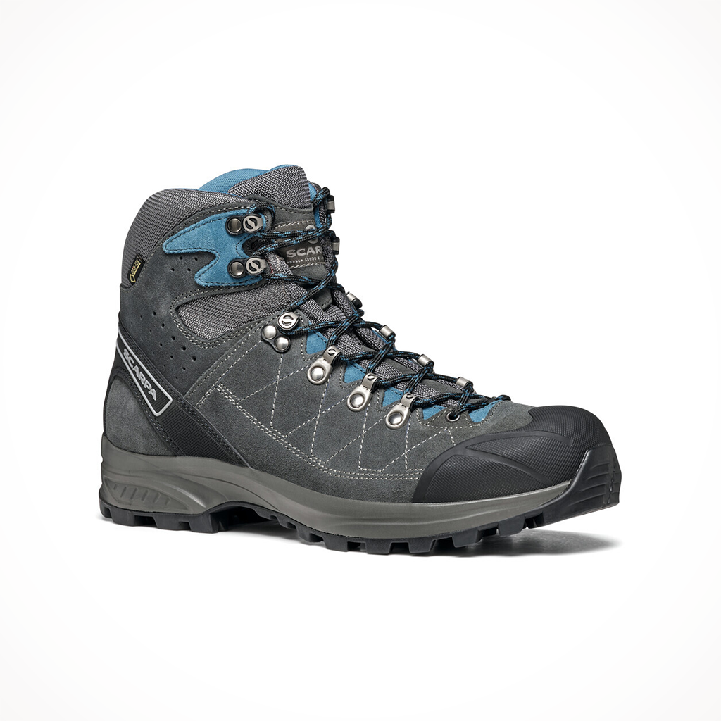 Product image: Scarpa Kailash Trek GTX Shark Grey Lake Blue Mens 2024, shown from a three-quarter angled view.