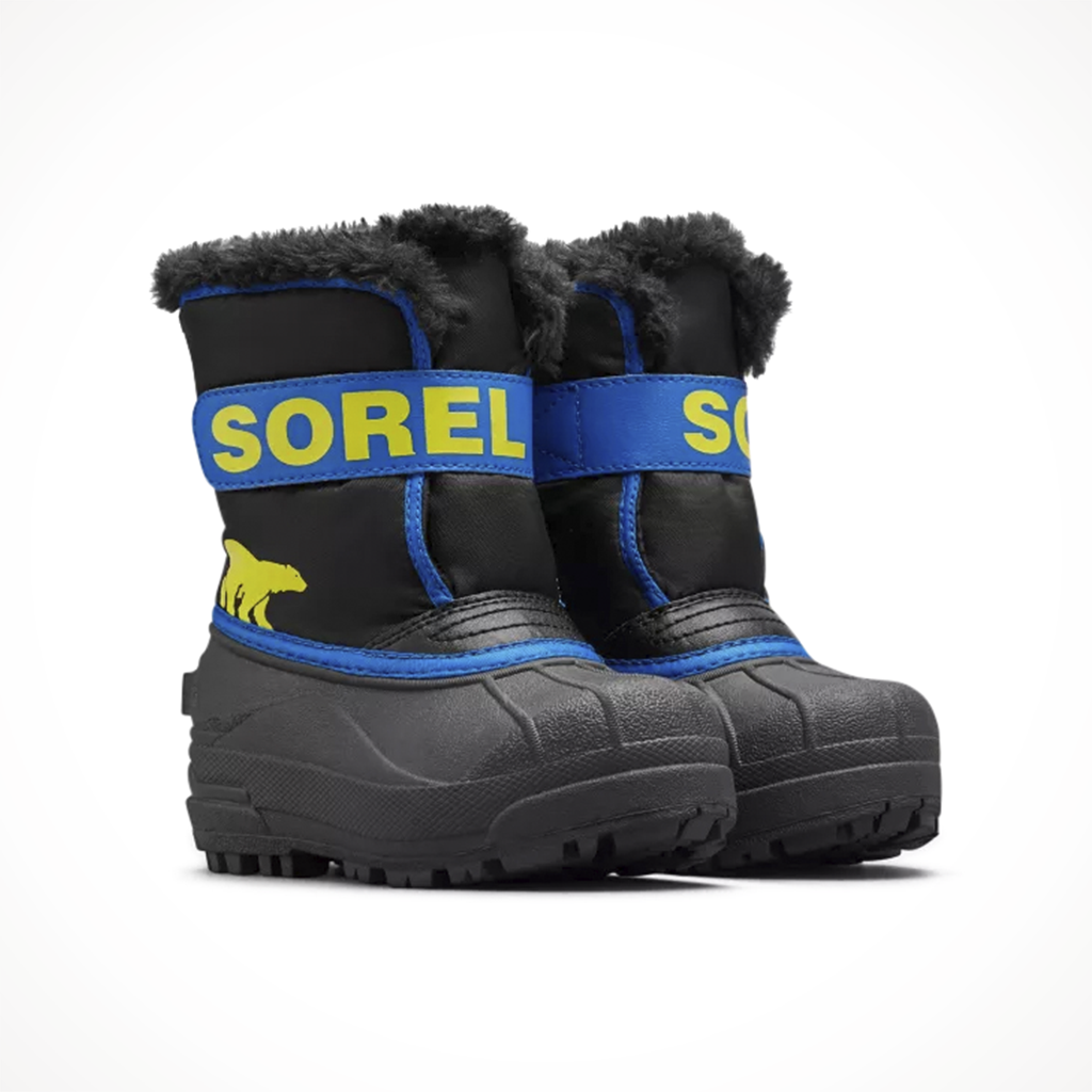 Product image: Sorel Snow Commander Boot Black Super Blue Kids 2024, shown as a pair.