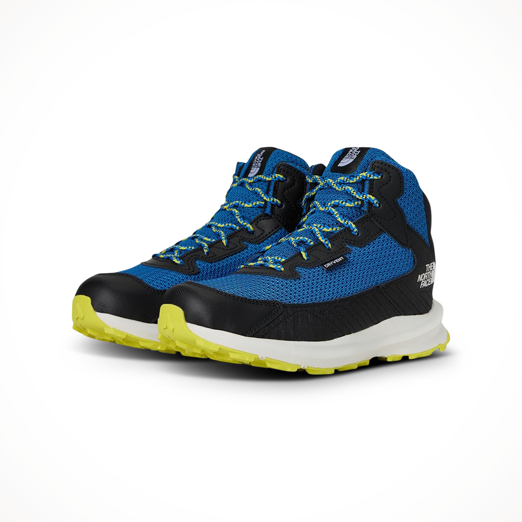 Product image: The N Orth Face Fastpack Hiker Mid WP Hero Blue Black Kids 2025, shown as a pair.