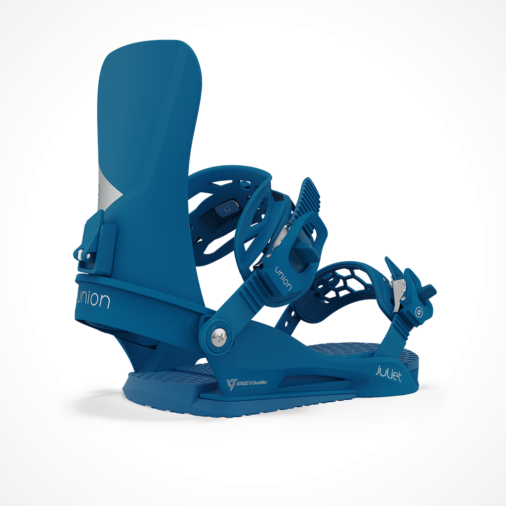 Product image: Union Juliet 2024 Snowboard Binding Blue, shown from the back.