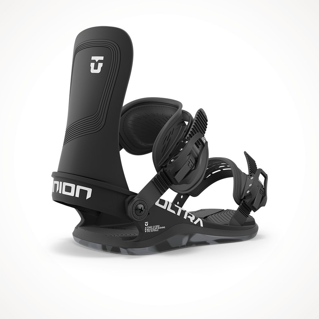 Product image: Union Ultra Womens 2024 Snowboard Binding Black, shown from the back.