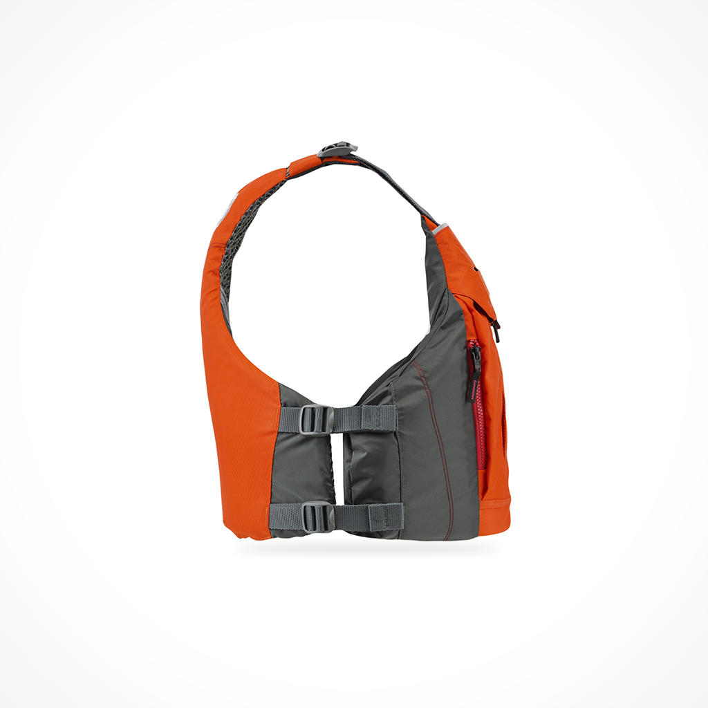 Product image: Astral E Linda PFD Fire Orange, side profile view.