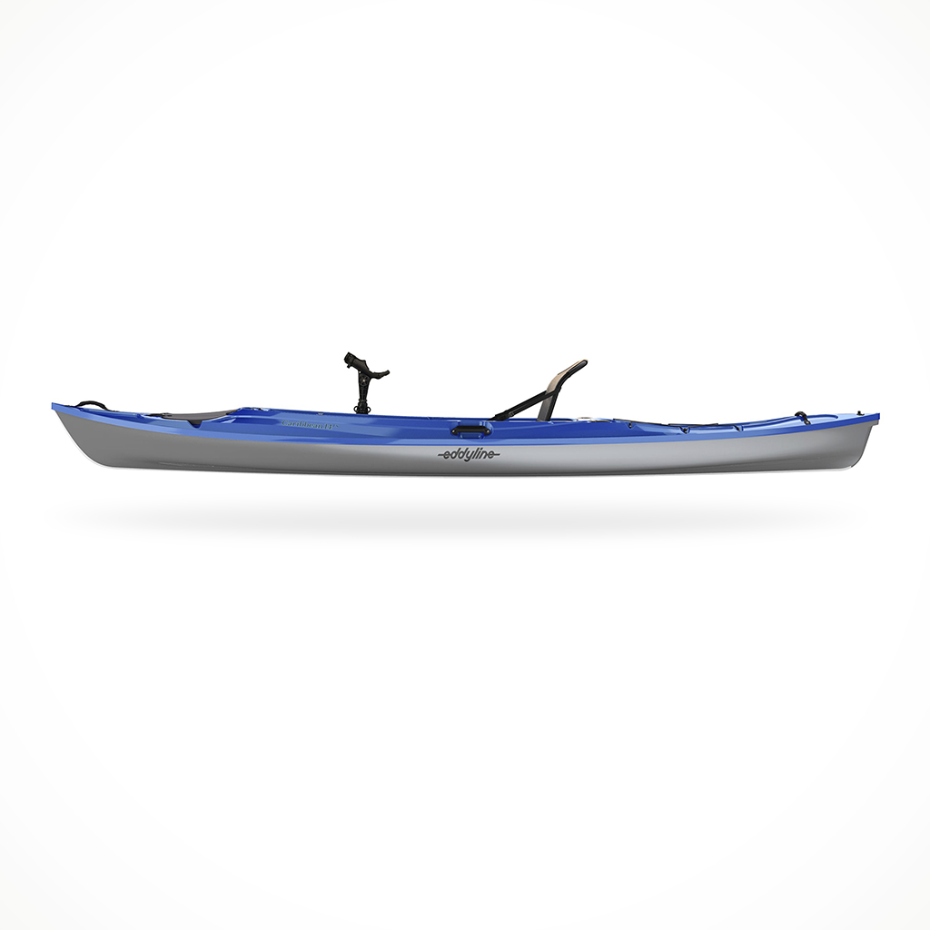 Product image: Eddyline Caribbean 14 FS Angler Saphire Blue Silver, side profile view.