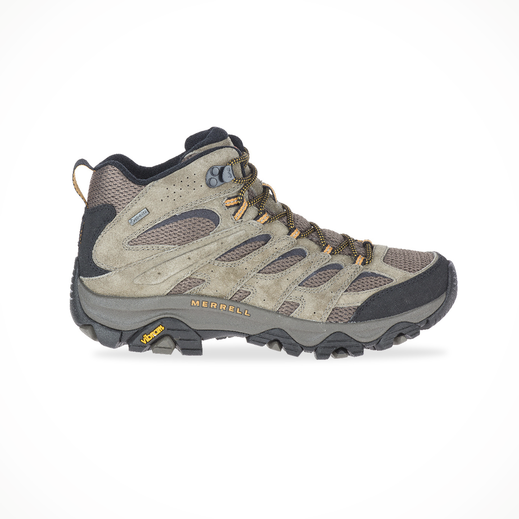 Product image: Footwear Merrell Hiking Boot Mens Moab 3 Mid GTX Walnut, side profile view.