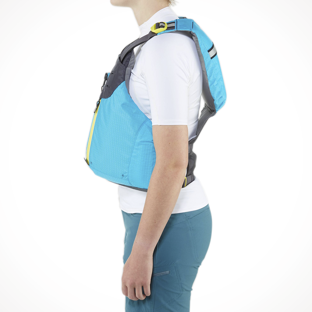 Product image: NRS Zoya Womens PFD Teal Model, side profile view.