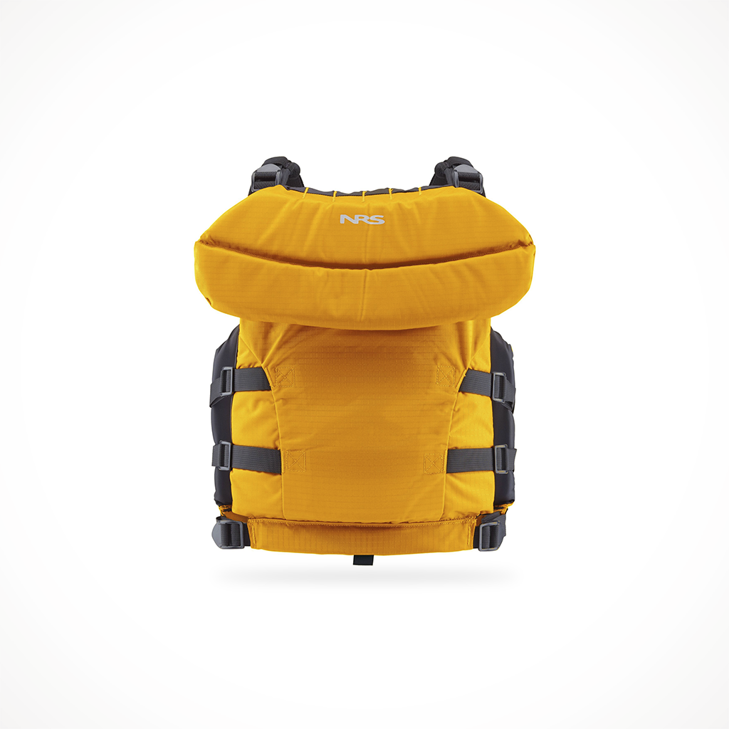 Product image: NRS Big Water V Youth PFD Yellow, shown from the back.