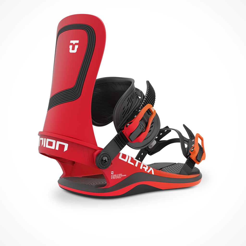 Product image: Union Ultra Mens 2023 Snowboard Binding Ultra Red, shown from the back.